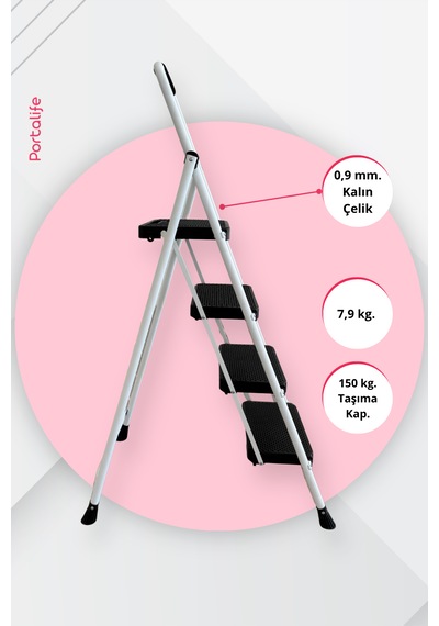 Portalife 4 Basamaklı Uzun Tutacaklı Çelik Şık Merdiven - Beyaz 150 Cm'ye Kadar