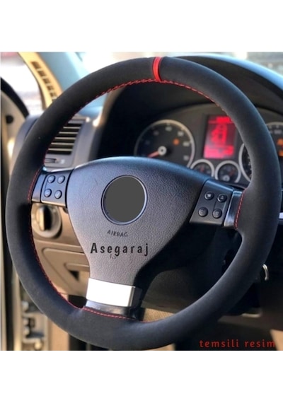 Alcantara Dikmeli Direksiyon Kılıfı Kırmızı Yüzüklü