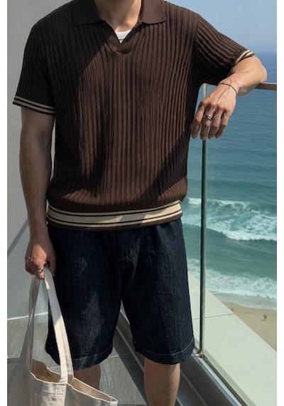 Tarz Cool Oversize Fit Çizgili Triko Polo Yaka Erkek Tişört Ribana Dokulu Premium Yazlık Model Kahverengi