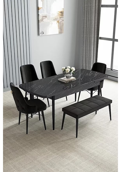 Loft Siyah Mermer 80x132 Açılabilir Mdf Masa Yemek Odası Takımı, Mutfak Takımı 4 Sandalye, 1 Bench Siyah Loft Siyah Mermer 80x132 Açılabilir Mdf Masa Yemek Odası Takımı, Mutfak Takımı 4 Sandalye, 1 Bench Siyah