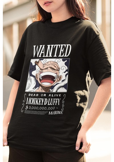 Anime One Piece Luffy Gear 5 Wanted Tişört Siyah