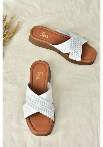 Fox Shoes Beyaz Hakiki Deri Çapraz Bantlı Kadın Terlik M291049903