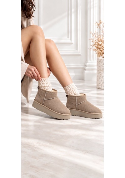 Dabab Shoes Kardelen Kadın Bej Lüks Süet İçi Kürklü Sıcak Astarlı 5 Cm Kalın Tabanlı Kısa Bot Kar Botu