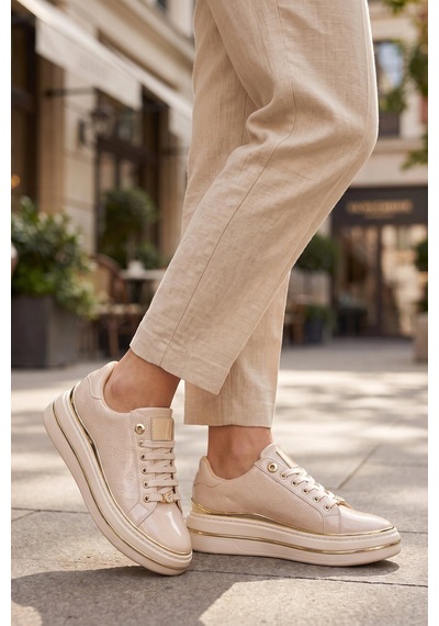 Ayakmod Bej Cilt Kalın Rahat Tabanlı Bağcıklı Kadın Casual Yürüyüş Ayakkabı Sneaker 431173