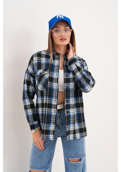 Mamayaga Kadın Desen Bloklu Oduncu Oversize Bol Ve Geniş Kalıp Casual Cepli Yakalı Ceket Gömlek Lacivert