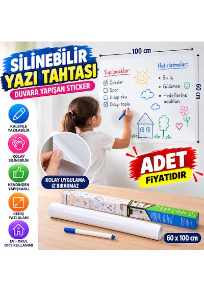Silinebilir Kalemli Sticker Duvara Yapışabilen Yazı Tahtası 60x100 Cm Adet Fiyatıdır Diğer