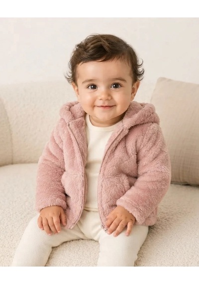 Bebitof Kız Bebek Pudra Pembe Peluş Kapüşonlu Fermuarlı Hırka