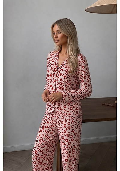 Fit Women Kadın Düğmeli Uzun Uyku Ve Kırmızı Pijama Takımı