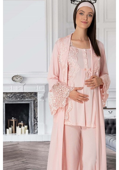 Mecit Pijama 5353 Sandra Dantelli Yaka Sabahlıklı Lohusa Pijama Takımı 001