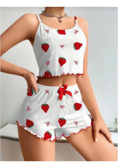 La Vıor Kadın Çilek Desenli Pijama Takımı Beyaz