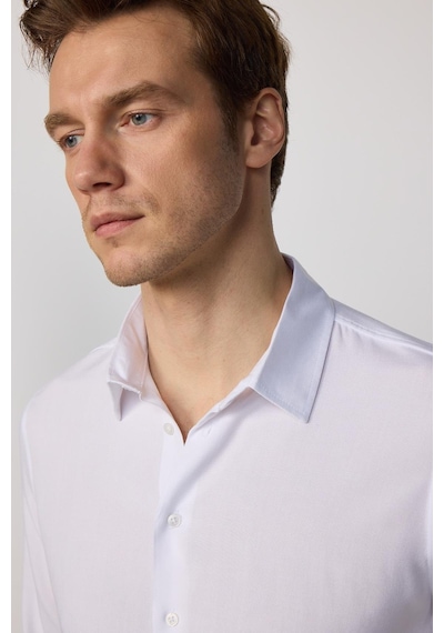 Tudors Slim Fit Uzun Kollu Dar Kesim Dökümlü Viskon Şık Erkek Beyaz Gömlek-26909 Beyaz