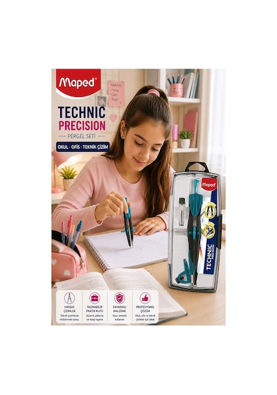 Mor Metal Hassas Pergel Seti 3 Parça 1 Adet Maped 291010 Technic Precision Profesyonel Pergel Proje Mimari Teknik Çizim