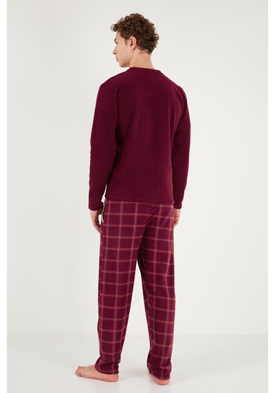 Buratti Ekoseli Düğmeli Bisiklet Yaka Yumuşak Polar Pijama Takımı Erkek Pijama Takımı 6097019 Bordo