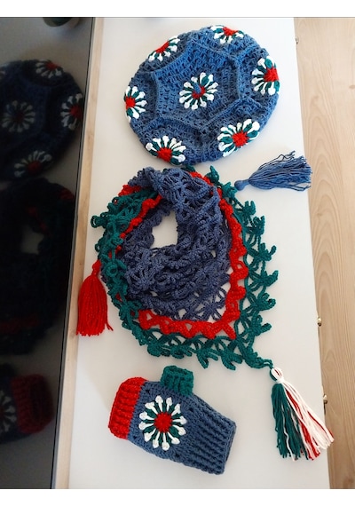 Ressam Bereli Fular Eldiven Takımı , El Yapımı Bere Şal Set Lacivert