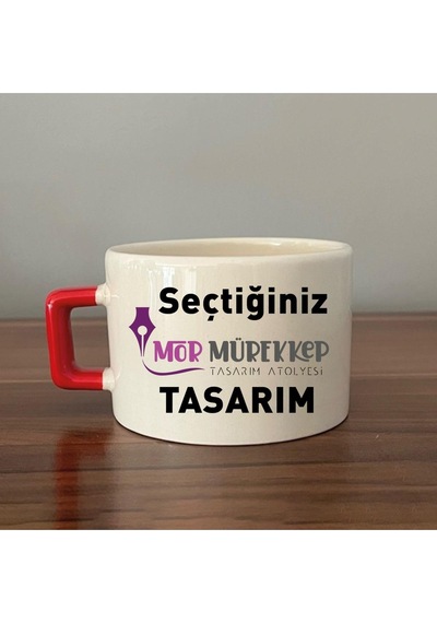 Seçtiğin Mor Mürekkep Tasarım & Isim Kırmızı Kulplu Seramik C Fincan