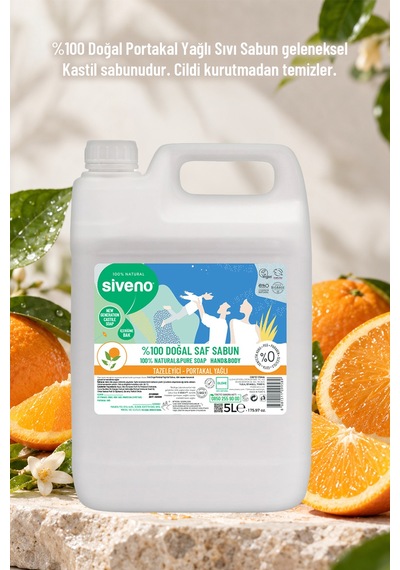 Siveno %100 Doğal Sıvı Kastil Sabun Portakal Yağlı Tazeleyici Nemlendirici Arındırıcı Bitkisel Vegan 5 L