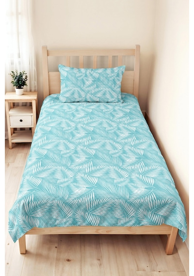 Turkuaz Tropikal Yapraklı Pike Takımı - Beyaz Modern Palmiye Tek Kişilik Yatak Örtüsü 160x220 Cm Bulanık Pencere Aurası