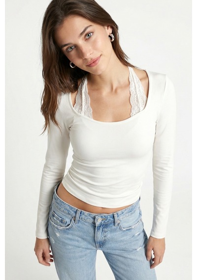 Ritnice Kadın Emma Dantel Detaylı Uzun Kollu Ekru Basic Top / Bluz