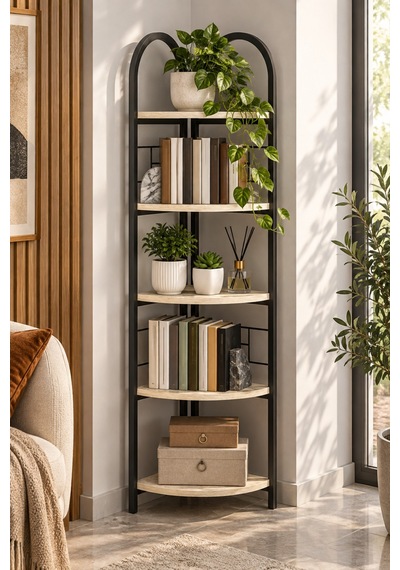 Sulorahome Metal Köşe Kitaplığı Ve Saksılık Bej Traverten Desenli 5 Katlı