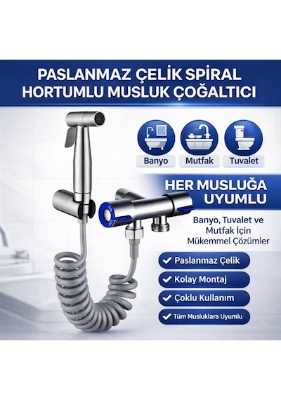 Coofbe Paslanmaz Çelik Sprial Hortum Taharet Musluğu Çoğaltıcı Sprey Tabanca Klozet & Banyo Temizleme Seti Gümüş