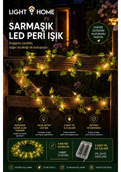 Yapay Sarmaşık Led Işık Dekoratif Işıklı Sarmaşık Led Oda Duvar Yatak Odası Parti Yılbaşı Dekoru 5 Metre 50 Led Sarı
