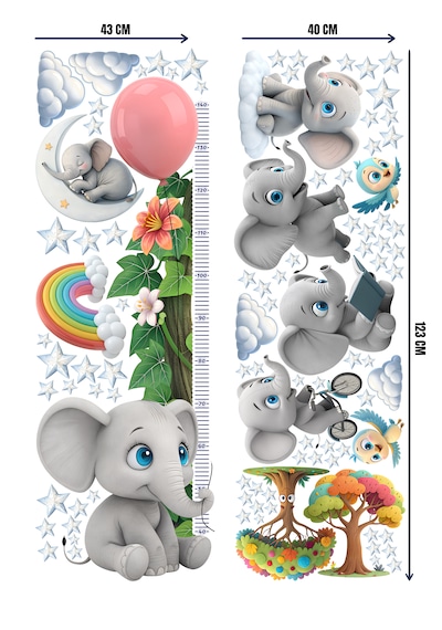 Fil Temalı Boy Ölçerli Duvar Sticker Seti - Mat, Sökülebilir, Çocuk Odası Dekoru 010 - Mat Beyaz