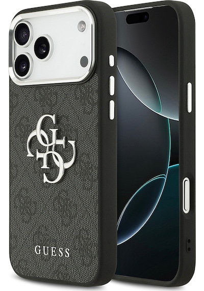 Apple Uyumlu iPhone 17 Pro Max Kılıf Guess Lisanslı Gümüş Kamera Çerçeveli 4g Desen Büyük 4g Ve Yazı Logolu Siyah Siyah