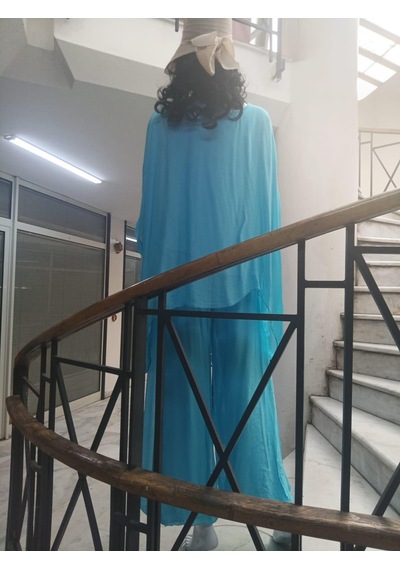 Bohem Stil İtalyan Yarasa Kol İpek Bluz & Pantolon Takım-8767 Turkuaz