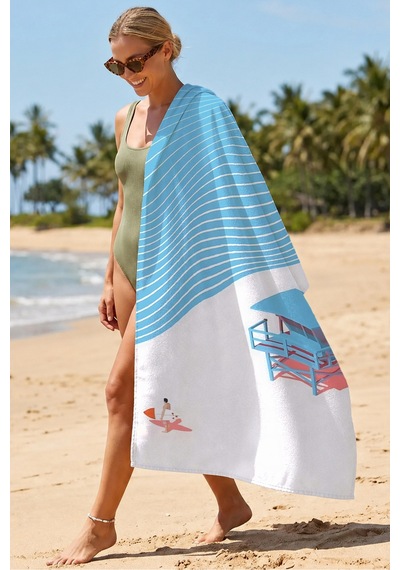 Modern Surf Temalı Plaj Havlusu-akdeniz Mavi Beyaz Hızlı Kuruyan Mikrofiber Havlu Havuz Deniz Banyo Çiy Melon