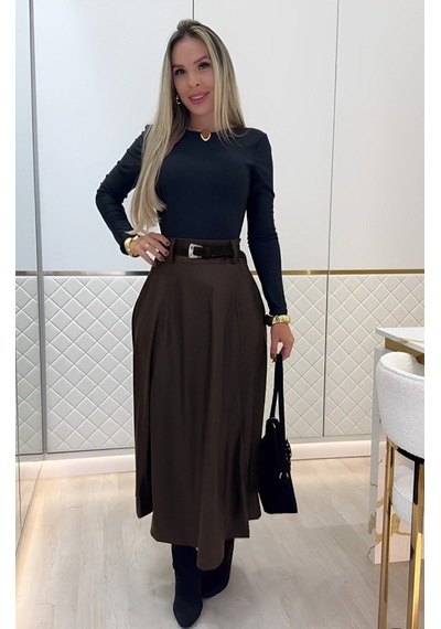 Moderie Butik Kadın Yüksek Belli Maxi Deri Kemersiz Etek Kahve