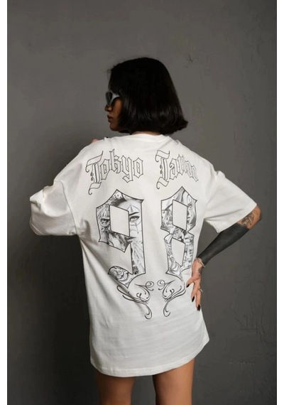Freedom Storee Kadın Bisiklet Yaka Baskılı Oversize Kısa Kol T-shirt - Beyaz Çok Renkli