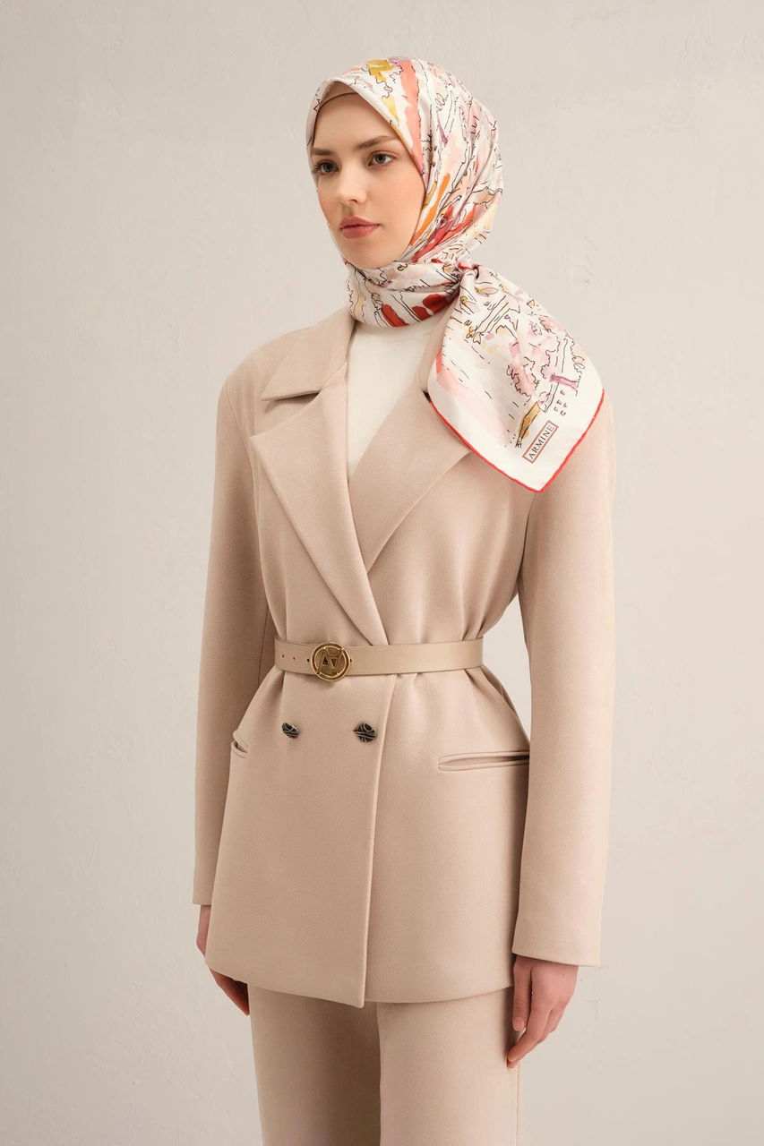 Armine Obje Desenli Saf İpek Twill Eşarp 9349d 32 Turuncu