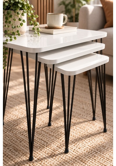 Sulorahome Metal Tel Zigon Sehpa Takımı Beyaz 3'lü