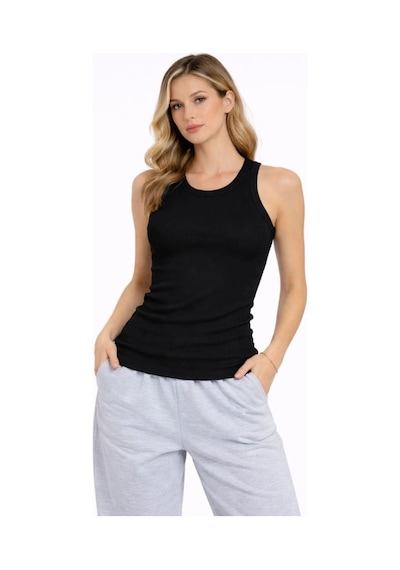 Mbb E-ticaret Kadın Fitilli Atlet Sıfır Yaka Slim Fit Arka Baskılı Spor Atlet - Siyah