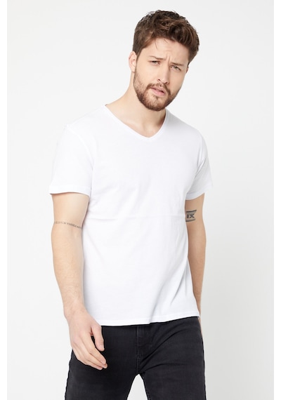Erkek Indigo %100 Pamuk Basıc Regular Fit Pamuklu Kısa Kollu V Yaka T-shirt Beyaz