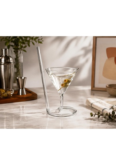 Cam Pipetli Martini Kadehi Spiral Tabanlı Özgün Eğlenceli Kokteyl Bardağı