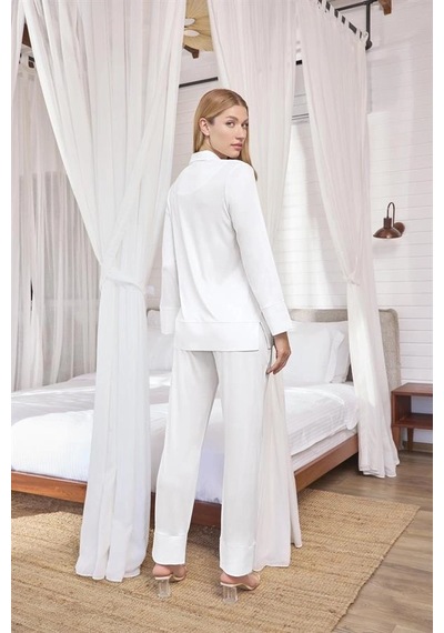 Aria's Closet Arias Closet Uzun Kollu Önü Düğmeli Gömlek Yaka Pijama Takımı Beyaz