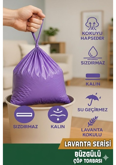 Coverest Orta Boy, Lavanta Kokulu Büzgülü Çöp Torbası, 55x60 Cm,