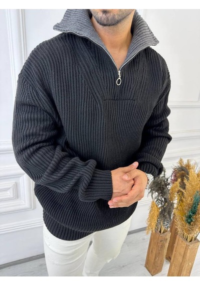 Elku Moda Kazak Dik Yaka Fermuarlı Örme Pamuk Tüylenmeyen Oversize Salaş Tarz Triko Kazak Siyah Elku Moda Kazak Dik Yaka Fermuarlı Örme Pamuk Tüylenmeyen Oversize Salaş Tarz Triko Kazak Siyah