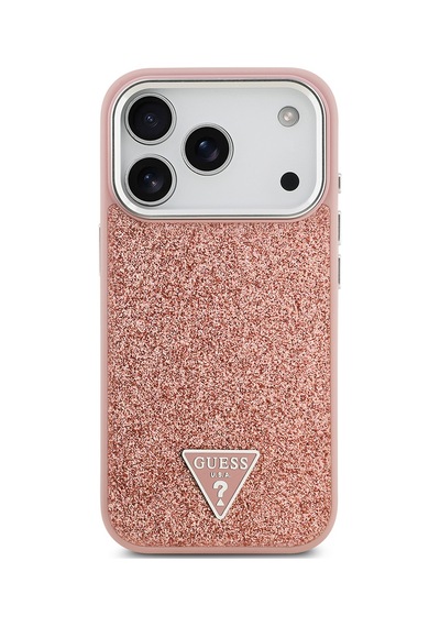 Apple Uyumlu iPhone 17 Pro  Kılıf Guess Lisanslı M-safeli Metal Kamera Çerçeveli Üçgen Logolu Glitter Pembe Pembe