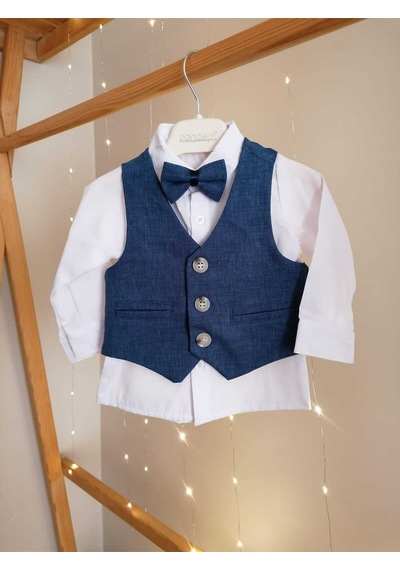 Concept Kids Papyonlu Yelekli Bej 4'lü Klasik Erkek Bebek Takım Özel Gün Kıyafeti Düğün Bebek Hediyesi Lacivert