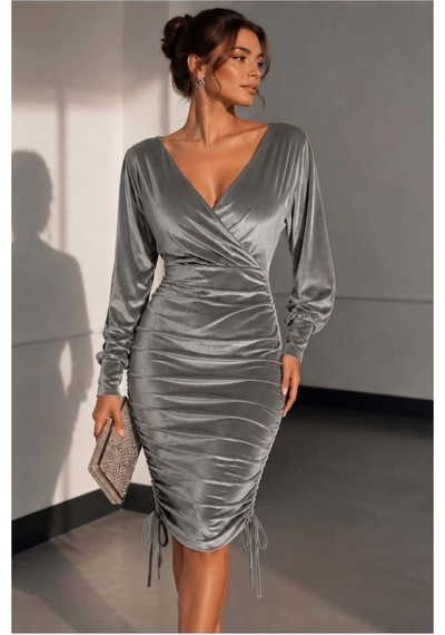DefyModa Kadın Sade Kadife Kumaş Kruvaze Yaka Drapeli Mini Abiye Elbise Gri