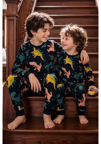 Zuzunga Dinozor Desenli Siyah Uzun Kollu Erkek Çocuk Pijama Takımı