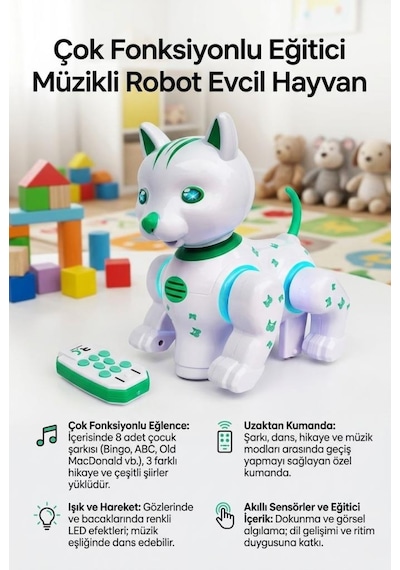 Akıllı Müzikli Robot Kedi Uzaktan Kumandalı, Dans Eden, Hikaye Anlatan Eğitici Oyuncak - Led Işıklı