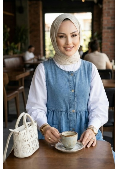 Hb Harma Time Butik Kadın Düğmeli Cepli Kot Mavi Jile Mavi Mavi