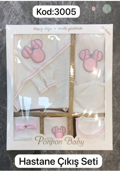 Ponpon Baby Petite Ponponbaby Yenidoğan Miki Nakışlı Hastane Cıkışı Seti 10 U Beyaz - Pembe