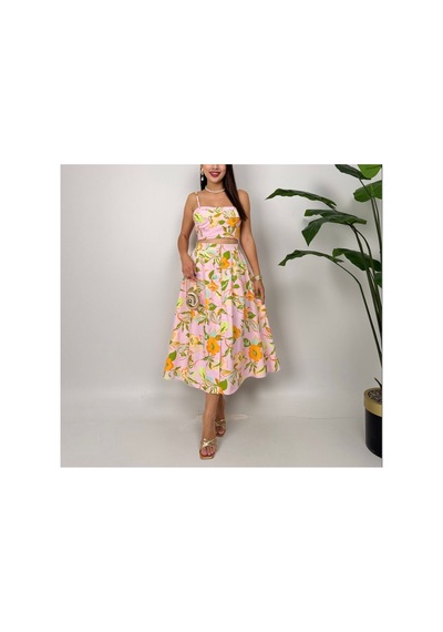 Fleurs Chic Yazlık Cıvıl Cıvıl Çiçek Desenli Büstiyer Etek Takım Pembe