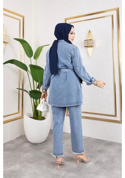 Harman Butik Kadın Taş Detaylı 2li Takım Kot Ceket Pantolon Mavi Mavi