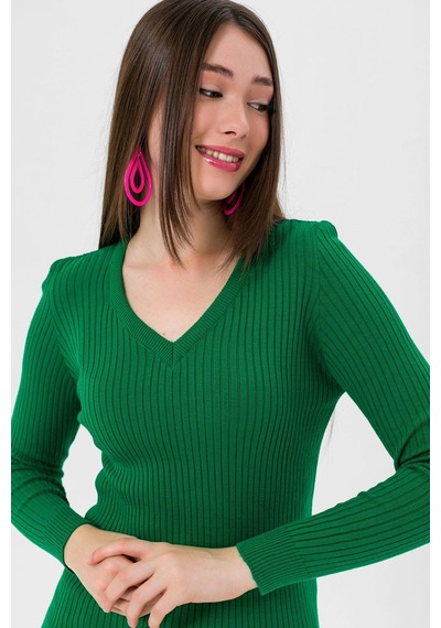 Miss Poem Kadın V Yaka Slim Fit Fitilli Uzun Kışlık Benetton Triko Kazak Yeşil