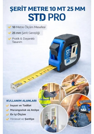 Std Pro Şerit Metre, 10m Uzunluk, 25mm Genişlik, Pratik Ve Dayanıklı Tasarım, İnşaat Ve Tadilat İçin Diğer
